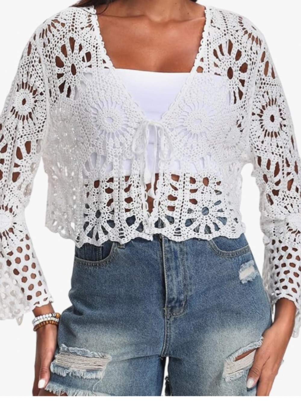 Women’s Crochet Tie Front Cardigan in White OS NWT $68R